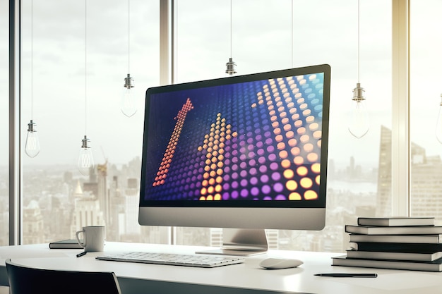 Las flechas hacia arriba abstractas creativas se esbozan en el moderno concepto de objetivo y objetivo del monitor portátil Representación 3D