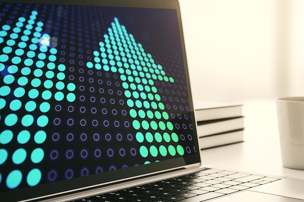 Las flechas hacia arriba abstractas creativas se esbozan en el moderno concepto de objetivo y objetivo del monitor portátil Representación 3D