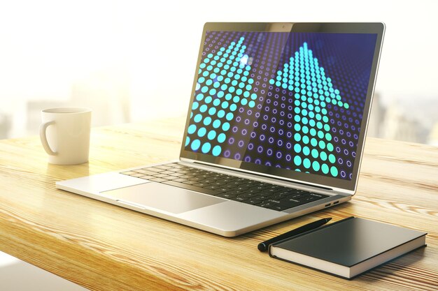 Las flechas hacia arriba abstractas creativas se esbozan en el moderno concepto de objetivo y objetivo del monitor portátil Representación 3D