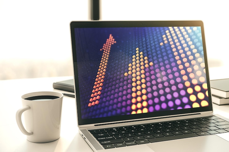 Foto las flechas hacia arriba abstractas creativas se esbozan en el moderno concepto de objetivo y objetivo del monitor portátil representación 3d