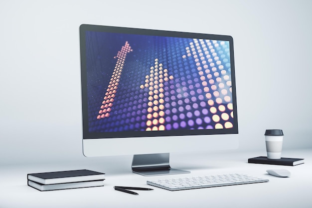 Las flechas hacia arriba abstractas creativas se esbozan en el moderno concepto de objetivo y objetivo del monitor portátil Representación 3D