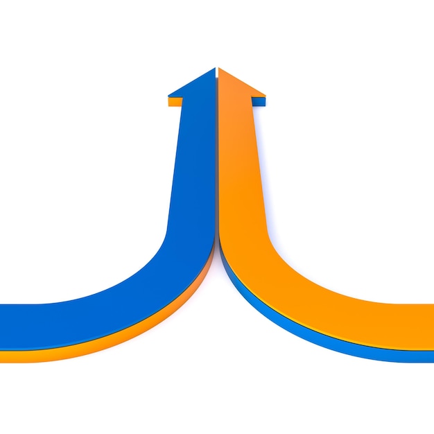 Foto flechas azules y naranjas convergentes en un fondo blanco renderización 3d