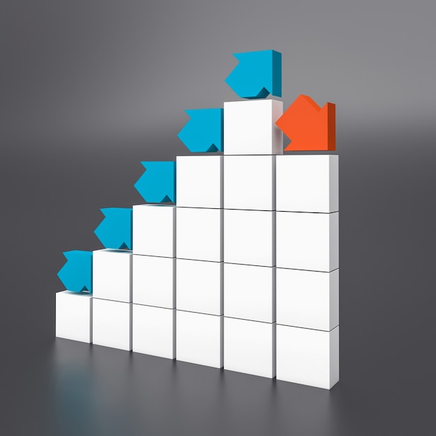 Flechas azules y rojas en el diagrama de bloques esquemático. concepto de negocios y finanzas. Render 3d