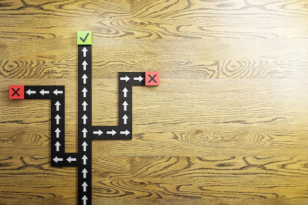 Flechas en un fondo de madera que indican las opciones de dirección un concepto de toma de decisiones empresariales Renderización 3D