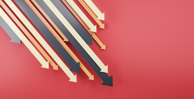 Las flechas del gráfico hacia abajo en fondo rojo con el lugar simulado hacia abajo bajan las finanzas y el concepto de crisis 3D Rendering