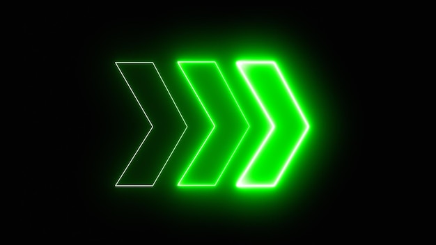 Flechas de luz de neón verde brillante que apuntan a la derecha Representación 3D de flechas de neón brillantes sobre un fondo negro Indicadores de dirección intermitentes