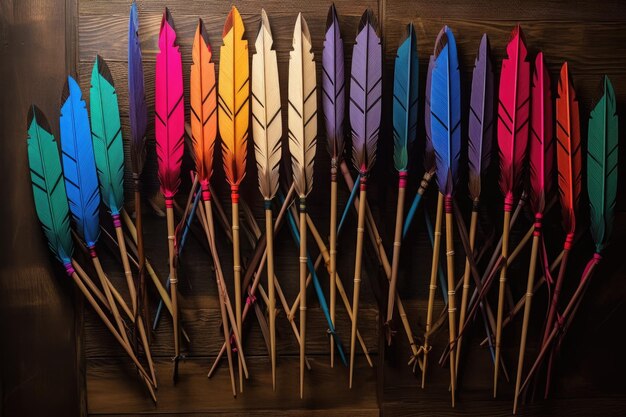 Flechas de madera con plumas de colores en un carcaj creado con ai generativo