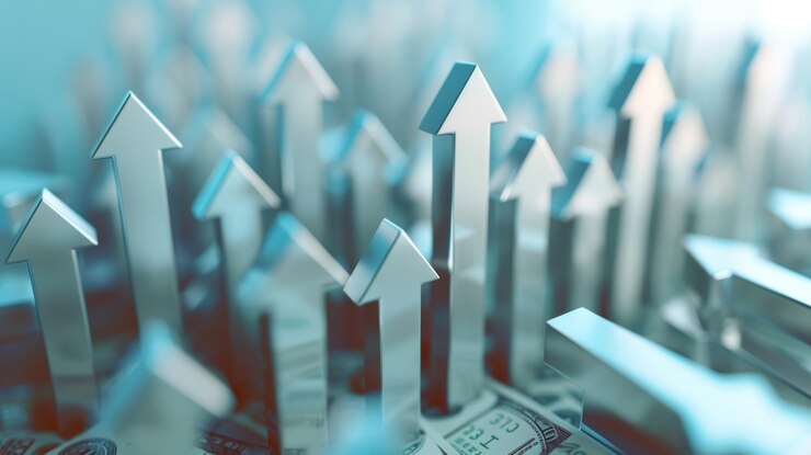 Flechas metálicas que apuntan hacia arriba sobre billetes de dólar sobre un fondo azul Concepto de crecimiento financiero