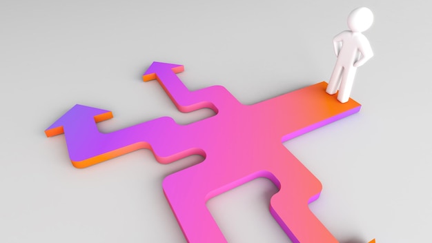 Flechas multidireccionales en un fondo blanco Elegir entre posibles opciones y situaciones futuras Renderización 3D