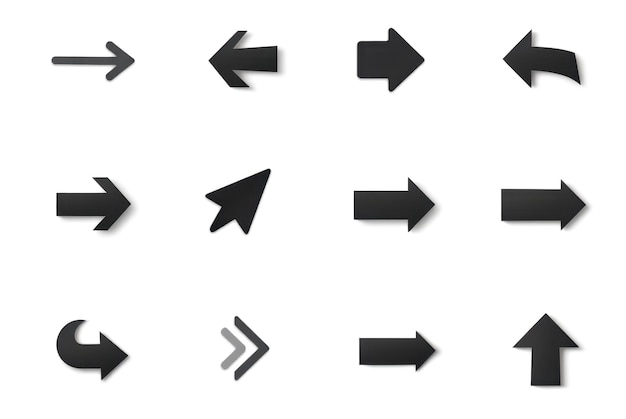 Flechas pretas isoladas em fundo branco várias formas e estilos de flechas símbolos de navegação e direção ícones de flechas simples para design site infográfico
