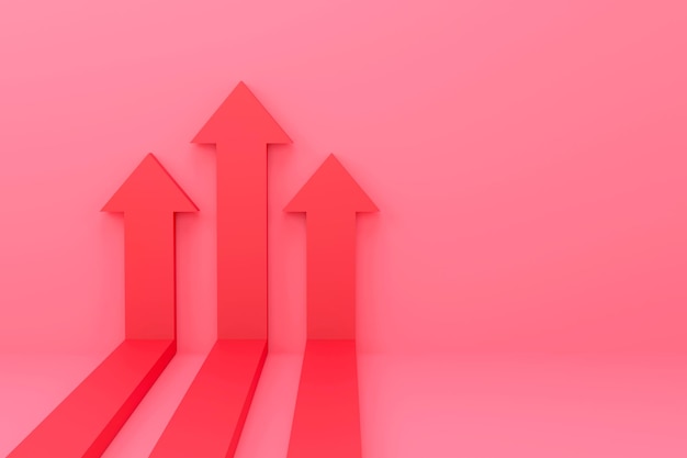 Flechas rojas que se elevan en el gráfico de crecimiento de la pared o en el gráfico de inversión en auge crecimiento económico rompiendo