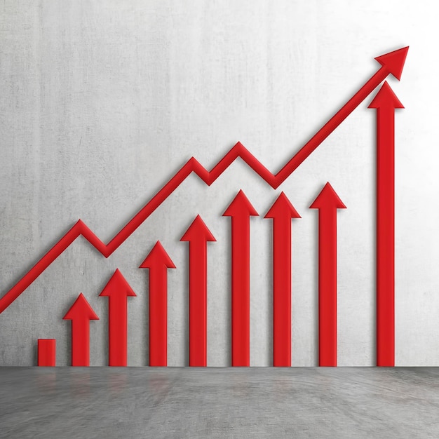 flechas rojas que se elevan en la pared gráfico de crecimiento o gráfico de inversión