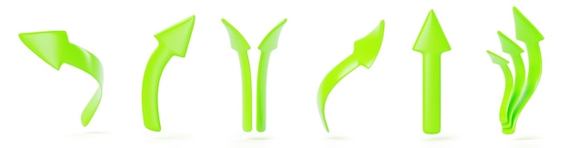 Flechas verdes conjunto de iconos de renderización 3D puntero de dirección hacia arriba izquierda y derecha flechas dobles y triples líneas curvas y bifurcación elementos de diseño de sitio web aislados en fondo blanco
