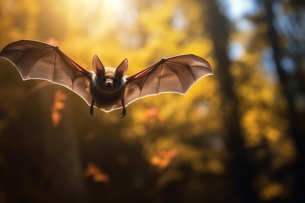 Fledermaus fliegt im Herbstwald Halloween-Konzept Selektiver Fokus