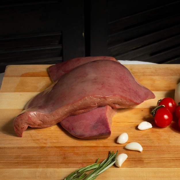 Fleisch auf einem Schneidebrett mit schwarzem Hintergrund