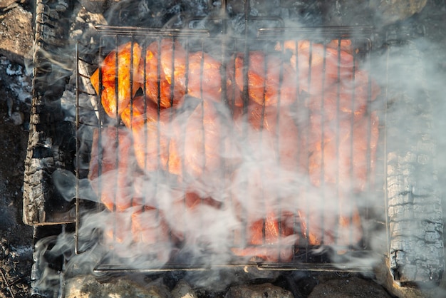 Fleisch auf Feuercamp-Wanderkonzept, das auf wilder Natur kocht