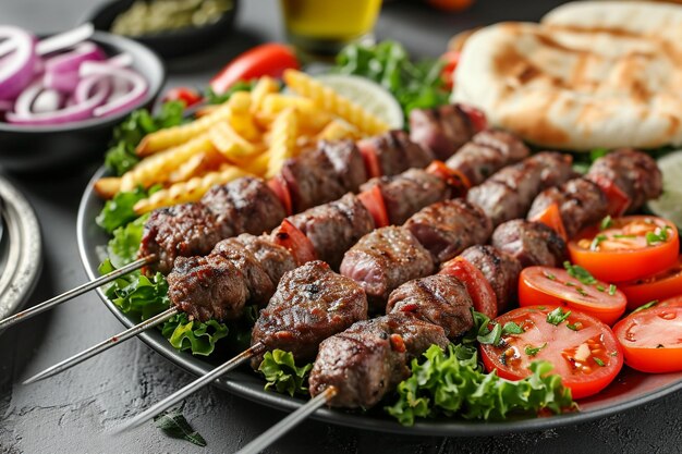 Foto fleisch-kebab-teller mit salat-frites und pita-brot, das in einem teller serviert wird. seitenansicht auf arabisches essen