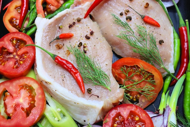 Fleisch mit Gewürzzwiebeln rote und grüne Paprika-Ingwer-Tomaten