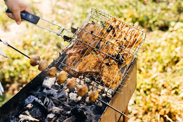 Fleisch vom Grill zum Grillen auf Naturhintergrund