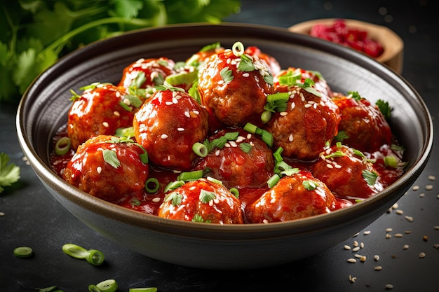 Fleischbällchen in Tomatensauce mit Kräutern auf Holztisch Ai generativ