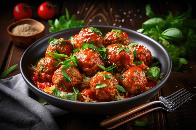 Fleischbällchen in Tomatensauce mit Kräutern auf Holztisch Ai generativ