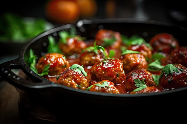 Fleischbällchen in Tomatensauce mit Kräutern in Eisenpfanne auf Holztisch Ai generativ