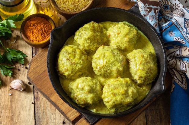 Fleischbällchen mit Bulgur in Sauerrahm und Kurkuma-Sauce in einer gusseisernen Pfanne Draufsicht flach gelegt