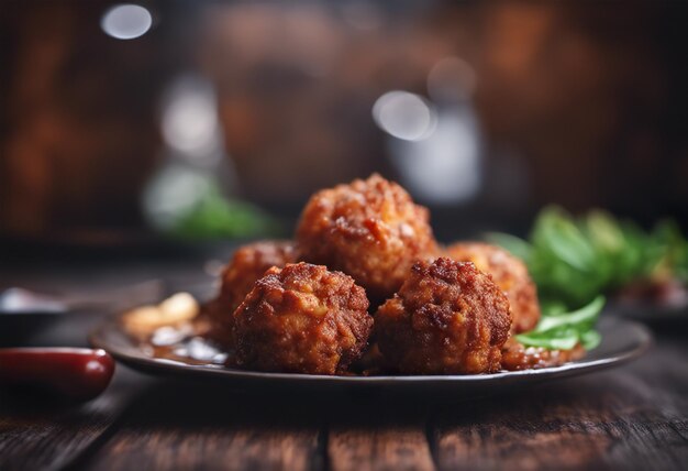 Fleischbällchen mit Tomatensauce auf einem hölzernen Hintergrund