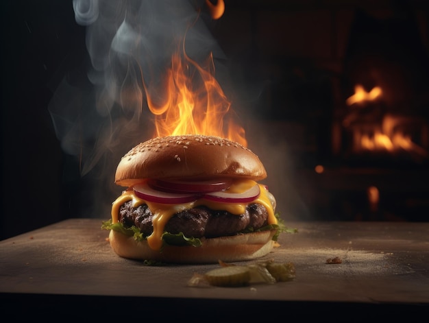 Fleischburger mit geschmolzenem Käse auf Holztisch und Feuer um ihn herum