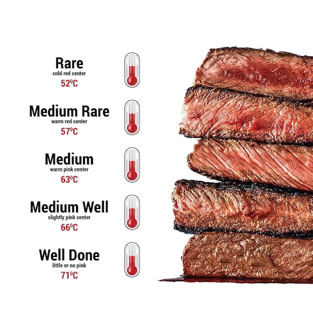 Fleischgarstufen.Rare,Medium Rare,Medium,Medium good,Well done.Röstgrad von Steaks