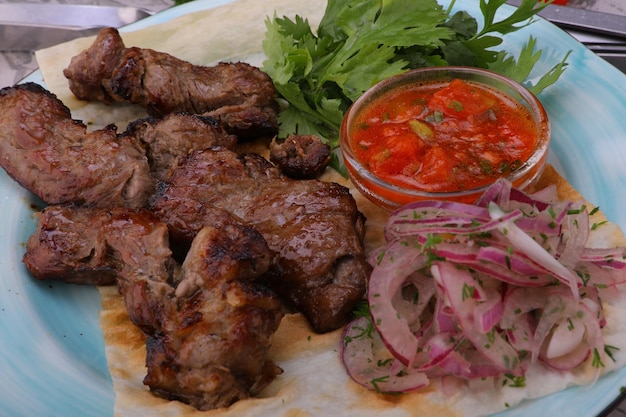 Fleischkebab ist ein nationalgericht gegrilltes fleisch auf kohlen mit soße für das menü hochwertiges foto