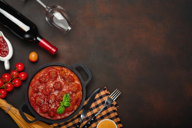 Fleischklöschen in Tomatensauce mit Gewürzen, Kirschtomaten, Teigwaren und Basilikum in einer Pfanne mit Flasche Wein und Weinglas auf rostigem braunem Hintergrund