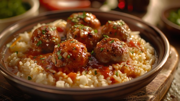 Fleischkugeln, die mit Reis in einer Tomatensauce serviert werden