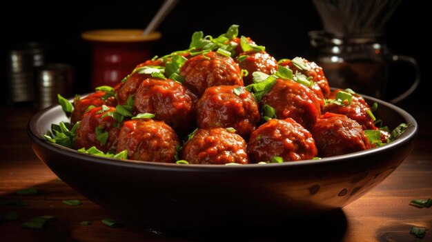 Fleischkugeln mit geschmolzener Tomatensauce auf einer Schüssel mit schwarzem Hintergrund und verschwommen