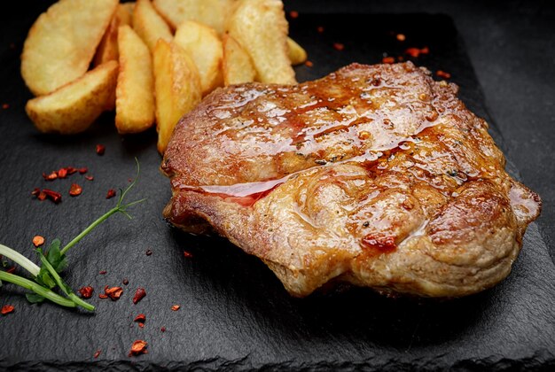 Fleischsteak auf schwarzem Stein mit Bratkartoffeln