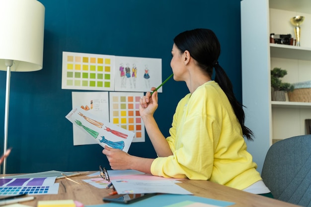 Fleißig im Büro. Modedesignerin sitzt am Tisch und begutachtet Skizzen ihrer neuen Kollektion beim Zeichnen am Arbeitsplatz