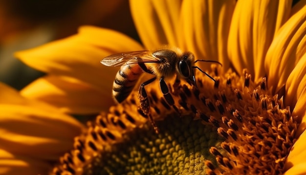 Fleißige Honigbiene bestäubt einzelnes, von KI erzeugtes Sonnenblumenblatt