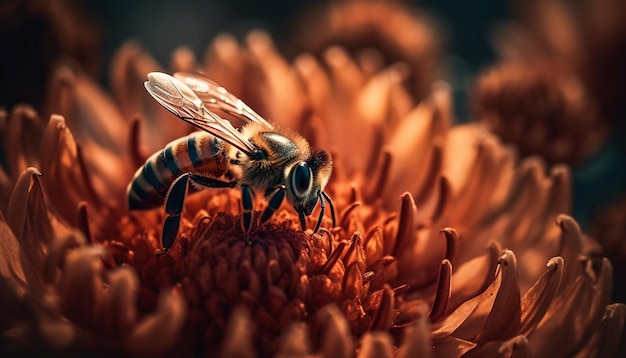 Fleißige Honigbiene bestäubt von KI erzeugte gelbe Blume im Freien