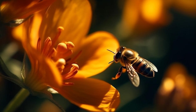 Fleißige Honigbiene bestäubt von KI erzeugte gelbe Gänseblümchenblüte
