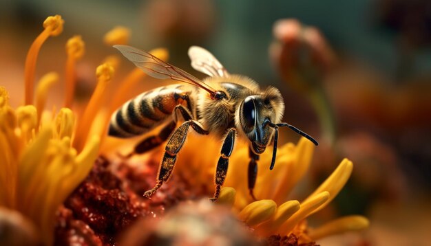 Fleißige Honigbiene sammelt im Frühling Pollen von einer wunderschönen Blume, erzeugt durch künstliche Intelligenz