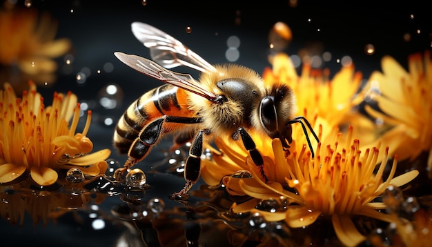 Fleißige Honigbiene sammelt Pollen von einer wunderschönen Sommerblume, die durch künstliche Intelligenz generiert wurde