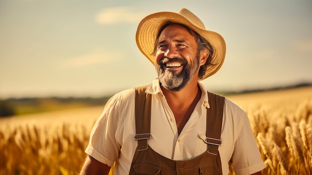 Fleißige männliche Bauern in Overalls und Strohhüten auf dem Ackerland