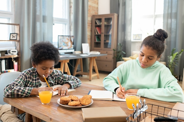 Fleißige Schulkinder, die nach dem Mittagessen am Tisch im Wohnzimmer Notizen in Schreibheften machen, während sie gegen Fenster und Arbeitsplatz mit Computer sitzen