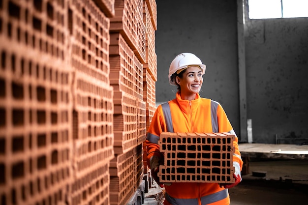 fleißige weibliche person, die in einer fabrik arbeitet, die tonziegel für die bauindustrie herstellt