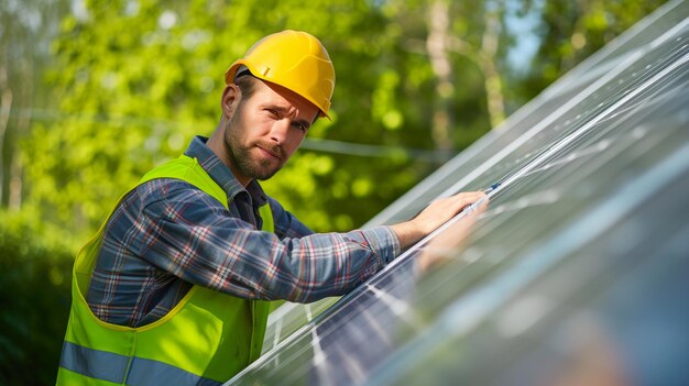 Foto fleißiger arbeiter mit sicherheitsbekleidung an sonnenkollektoren