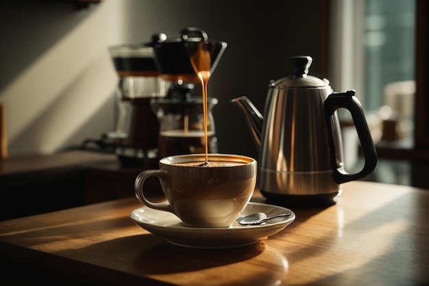 Fleißiger Barista bereitet frischen Latte für Kunden für die Kaffeepause in der Caffeteria zu