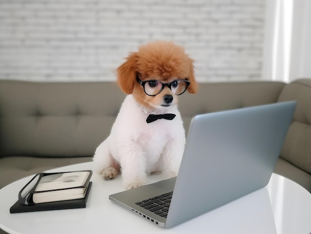 Fleißiger Pudelhund mit Brille Konzept eines fleißigen Welpen