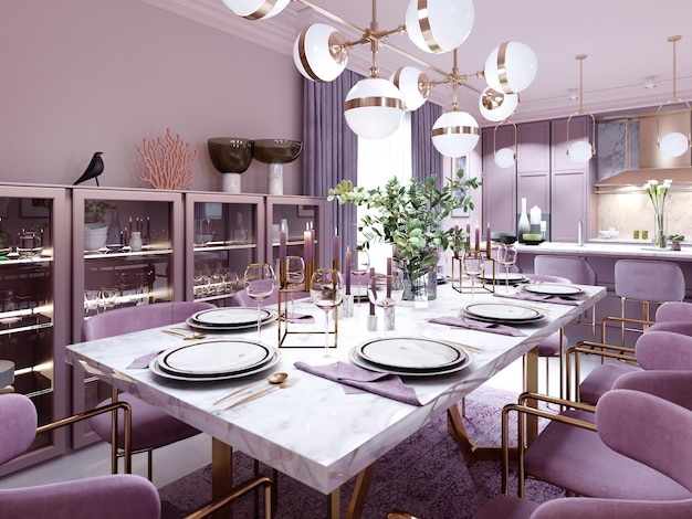 Fliederfarbenes Esszimmer im trendigen Art-Deco-Stil mit modernen Möbeln, serviertem Tisch und Stühlen. 3D-Rendering.