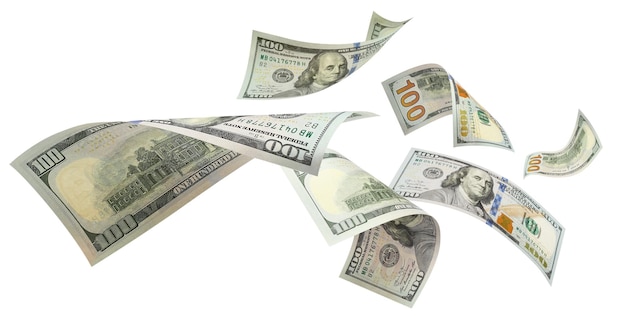 Fliegen 100 US-Dollar-Banknoten isoliert auf weißem Hintergrund