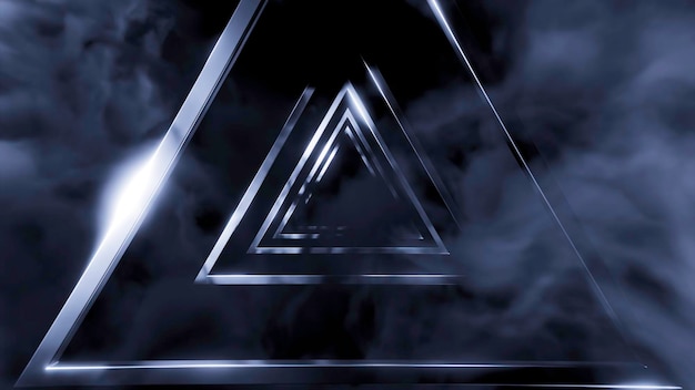 Fliegen Sie in einem futuristischen abstrakten Tunnel aus metallischen Dreiecken und endlosen dreieckigen Rauchdesigns